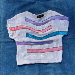 80s Judith Ann Creations Inc. silk blockprint sequin top